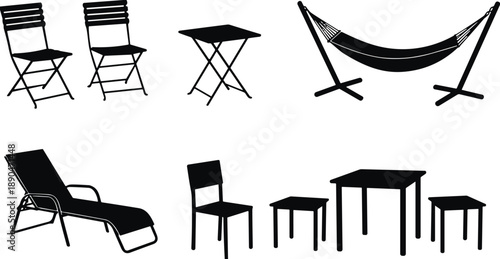 Black Silhouette of Garden and Patio Furniture Icons Set, Hammock and Folding Chairs with Table Vector Illustration for Outdoor Living,