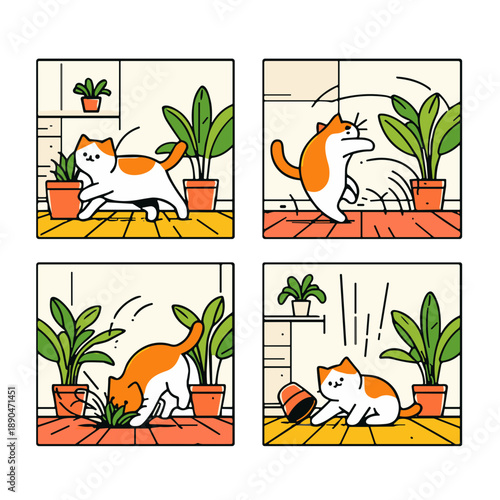 Cat knocking over plant pot indoors and exploring house plants  