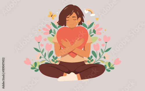 A sensual and calm woman meditates in the lotus position, in harmony with her blossoming mind, holding a red heart.