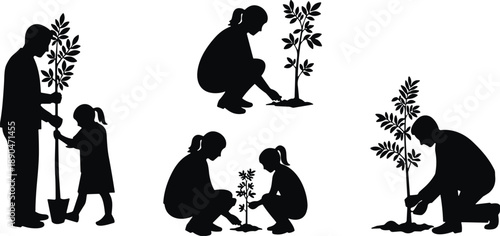 Black Silhouette of People Planting Trees Icons Set, Family and Volunteers Gardening Vector Illustration, Environmental Conservation and Reforestation Nature Design,