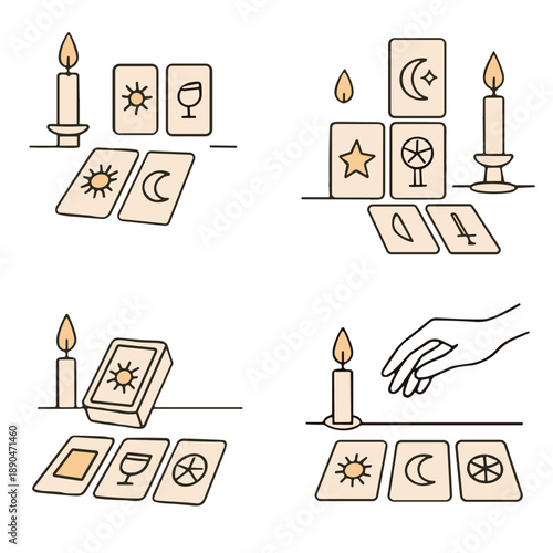 Candlelit table with tarot spread and hand selecting cards  