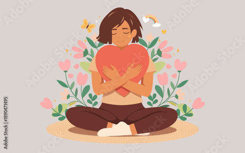 A sensual and calm woman meditates in the lotus position, in harmony with her blossoming mind, holding a red heart. Vector.