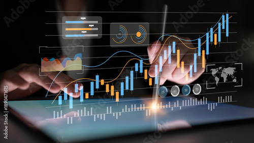 Fotografie Engaging image showcasing a person analyzing stock market data on a tablet, featuring interactive graphs and visualizations that highlight financial trends