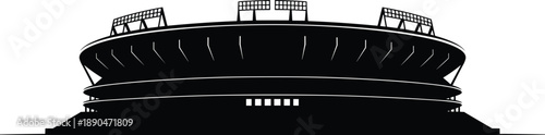 Black Stadium Silhouette Icon, Modern Sports Arena Vector Illustration, Championship Venue Design for Football Soccer Baseball Games and Outdoor Events,