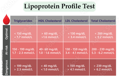 Lipoprotein Profile Test Chart with Cholesterol and Triglyceride Reference Ranges for Medical Diagnosis