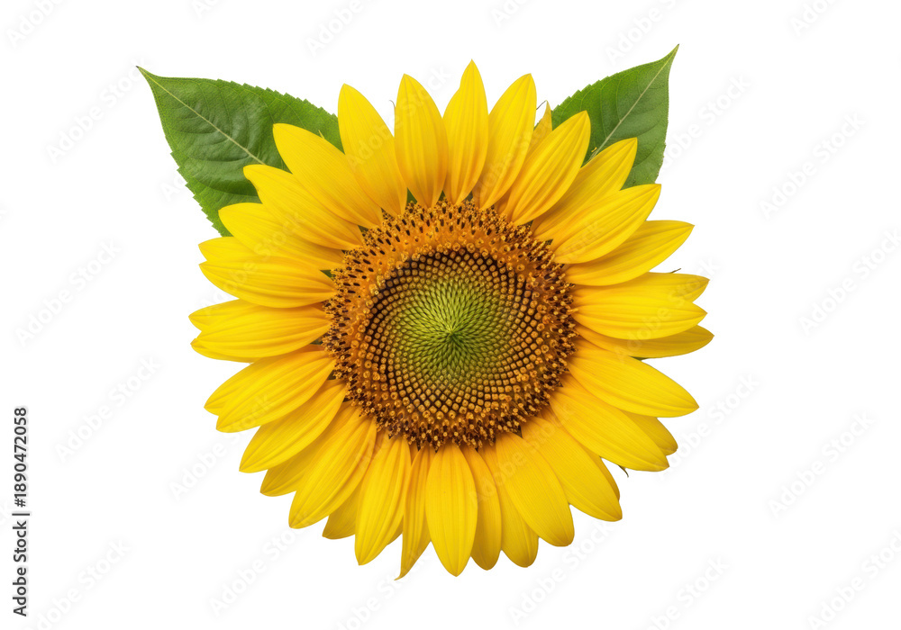 Fototapeta premium Large, vibrant yellow sunflower with intricate spiral seed head and green leaves, top-down view, isolated on seamless transparent background, professional studio shot, concept of summer beauty