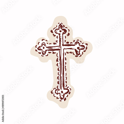 Hand drawn pretty christian cross motif illustration. Vector drawing flat isolated black on white background. Modern pretty crucifix pendant design sticker for journaling, bible study religious symbol