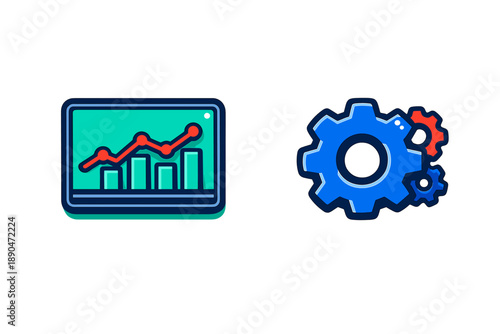 Data analysis chart showing upward trend and blue gear mechanism for settings