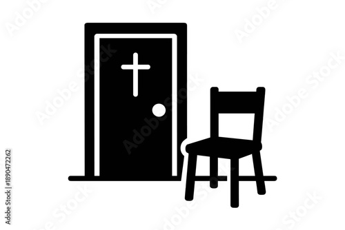 Simple graphic of a confessional booth door marked with a Christian cross and a nearby chair