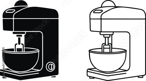 Black and White Stand Mixer Icons Set, Professional Kitchen Appliance Vector Illustration, Electric Food Blender for Baking and Cooking Design