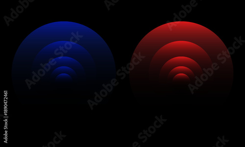 WiFi or scanner light effect, red and blue glowing sonic waves, good or bad signal concept. Neon no signal icon. Wireless network symbols.