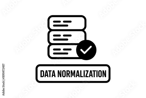 Data normalization process icon showing stacked servers and successful verification checkmark