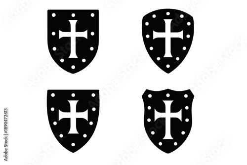 Four medieval knight shields with crosses and rivets symbolizing protection and heraldry