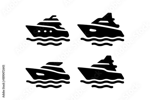 Four black silhouettes of luxury yachts and cruise ships navigating the ocean