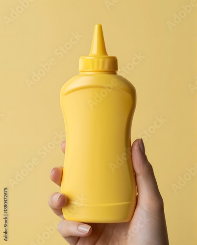 Hand Holding a Yellow Mustard Bottle Against a Bright Yellow Background