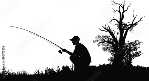 fishing silhouette, person fishing, outdoor scene, nature illustration, black and white, fishing rod, forest background, peaceful moment, crouching figure, 