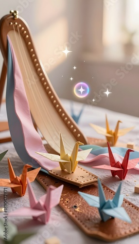 Colorful Origami Cranes Displayed on a Workshop Table with Soft Lighting and Textures