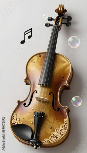 Intricate Vintage Violin Surrounded by Musical Notes and Colorful Bubbles on Neutral Background