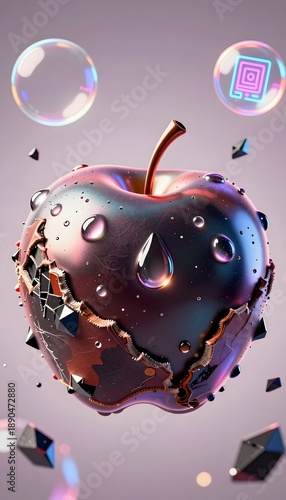 Black Apple with Water Droplets and Abstract Elements Floating in Air Against a Minimal Background