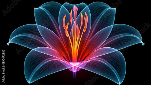 X- Ray Style Blue and Red Lily Flower on Black x-ray