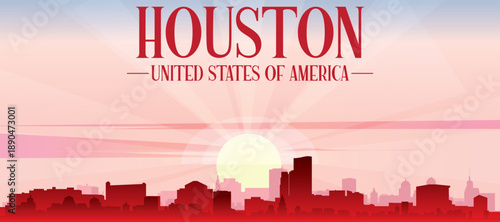 Red panoramic poster of the city skyline with misty background buildings, sunrise, moon and clouds of HOUSTON, UNITED STATES