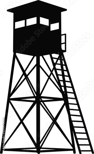 Observation watchtower silhouette with ladder and platform isolated on white background for security surveillance military industrial vector illustration designs