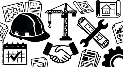 Black and white construction helmet blueprint documents handshake wrench and crane vector icons set in flat design style