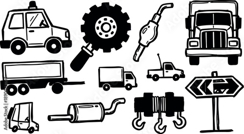Black and white hand drawn vector icons of trucks, automotive parts, fuel nozzle, and directional road sign illustration collection