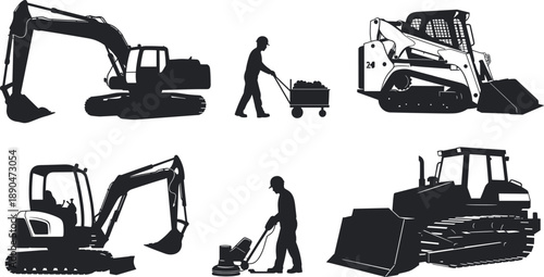 Black and white silhouettes of heavy construction machinery including excavators and loaders with industrial workers operating equipment for site development and civil engineering projects.