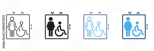 Elevator Accessibility And Gender Inclusivity Line And Solid Icon Set. Disabled And Female Friendly Elevator Symbol Collection. Public Facility Access. Isolated Vector Illustration