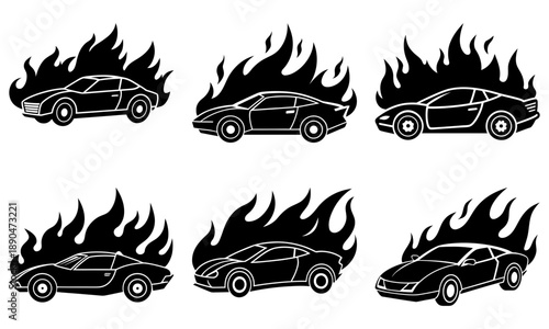 Set of six cars engulfed in flames, depicted in a stylized illustration, viewed from various angles