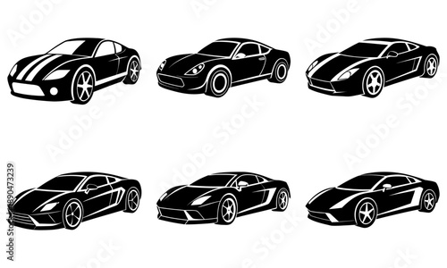 Collection of sleek sports cars in various viewpoints on white background, showcasing design and speed