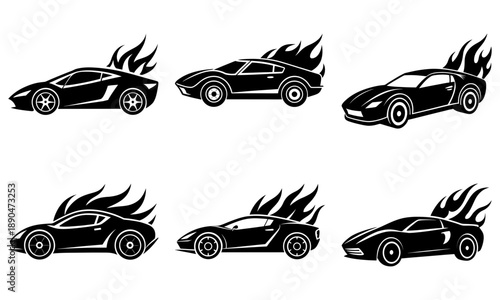 A set of black sports cars with flames coming out, depicted in various viewpoints and illustrated styles