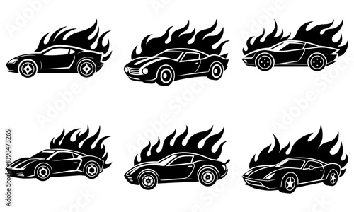 Set of six black cars engulfed in flames, illustrated from a side viewpoint