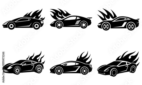 Collection of sleek sports cars with flames illustrated in various dynamic poses