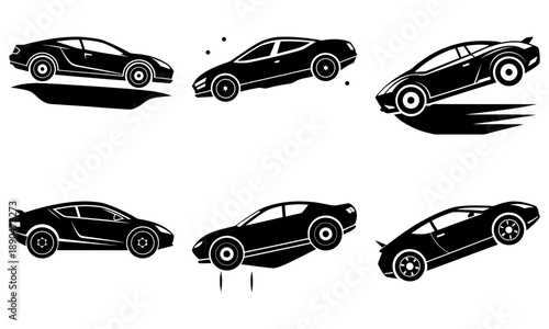 A series of dynamic black car illustrations showcasing various angles and motion effects on a simple background