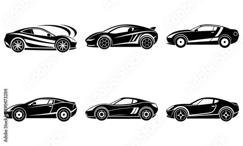 Collection of sleek sports cars in various styles and viewpoints showcasing design and illustration