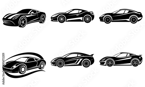 Collection of sleek sports cars illustrated from various viewpoints showcasing their designs and styles