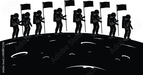 Astronauts, standing, on, lunar, surface, with, flags, space, exploration, moon, mission, cosmic, galaxy, adventure, group, silhouette, craters, flat, vector, illustration