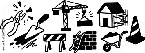 Black and white doodle style construction tools and site elements including pliers trowel crane hoisting brick wall and wheelbarrow