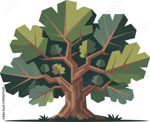 Geometric Polygon Tree Vector Illustration: Stylized Oak or Maple Tree with Complex Angular Branches and Foliage, Modern Digital Ecology Design Element on Isolated White Background.