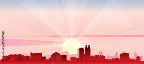 Red panoramic poster of the city skyline with misty background buildings, sunrise, moon and clouds of ATLANTA, UNITED STATES