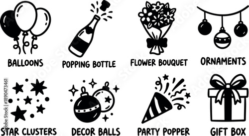 Black and white festive party icons set including balloons popping bottle flower bouquet ornaments and gift box design