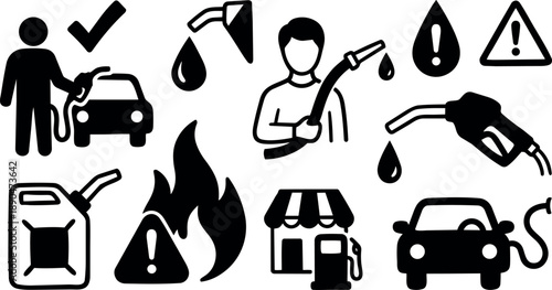 Black fuel pump icons with person refueling car silhouette, gas can, fuel drop signs, flames, and warning symbols collection
