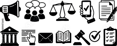 Set of black silhouette legal and communication icons including megaphone people speech scales hand holding smartphone checklist document