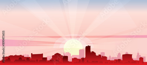 Red panoramic poster of the city skyline with misty background buildings, sunrise, moon and clouds of DALLAS, UNITED STATES