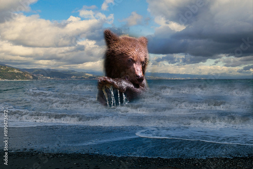 Surreal absurdity. Little giant bear in a rough sea.