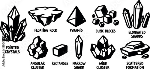 Hand drawn black and white vector art crystal shapes including pointed crystals floating rock pyramid cubic blocks elongated shards narrow shard wide cluster and scattered formation set