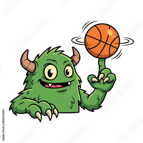 cute green monster with horns spinning a basketball on its finger, playful sports mascot illustration
