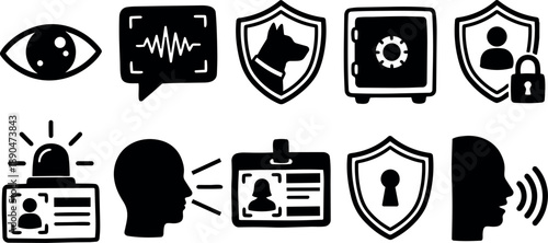 Black silhouette security icon set with voice recognition, personal id badge, safe vault, shield and lock symbols in flat vector design